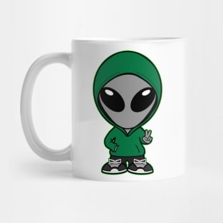 Casual Clothed Gray Alien Holding Up "Peace" Hand Sign Mug